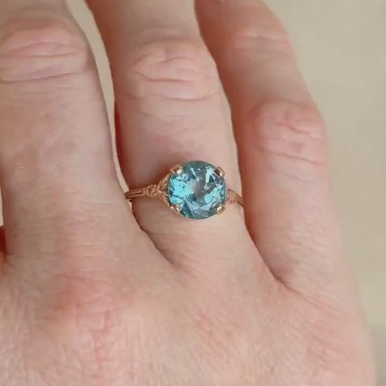 Vintage 1970s Blue Topaz Gemstone Filigree Ring, 14k Gold