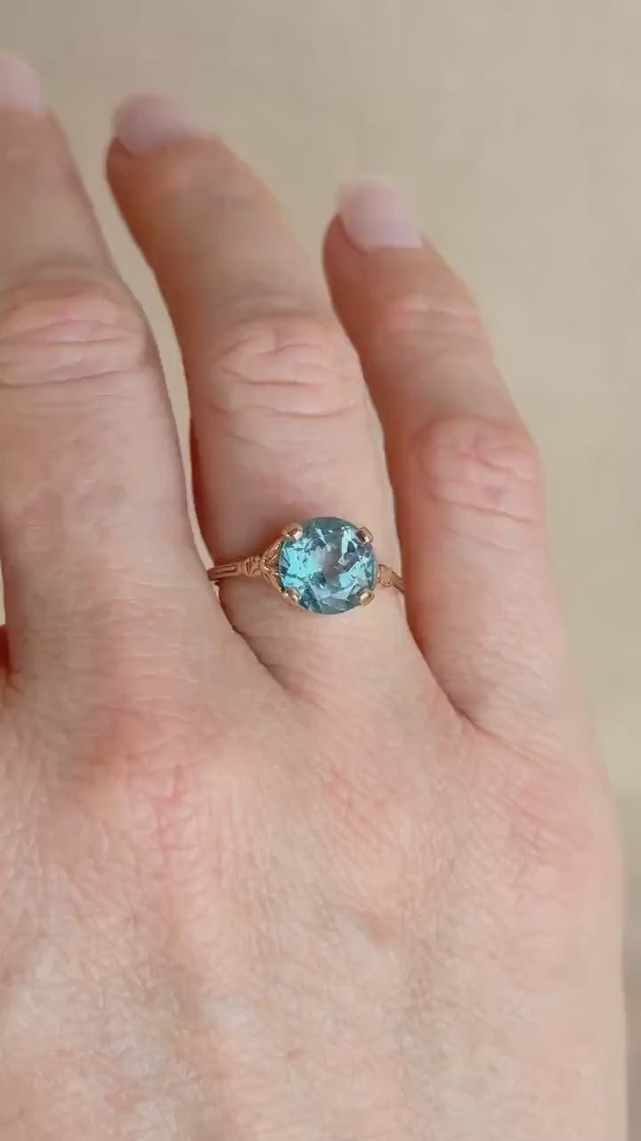 Vintage 1970s Blue Topaz Gemstone Filigree Ring, 14k Gold