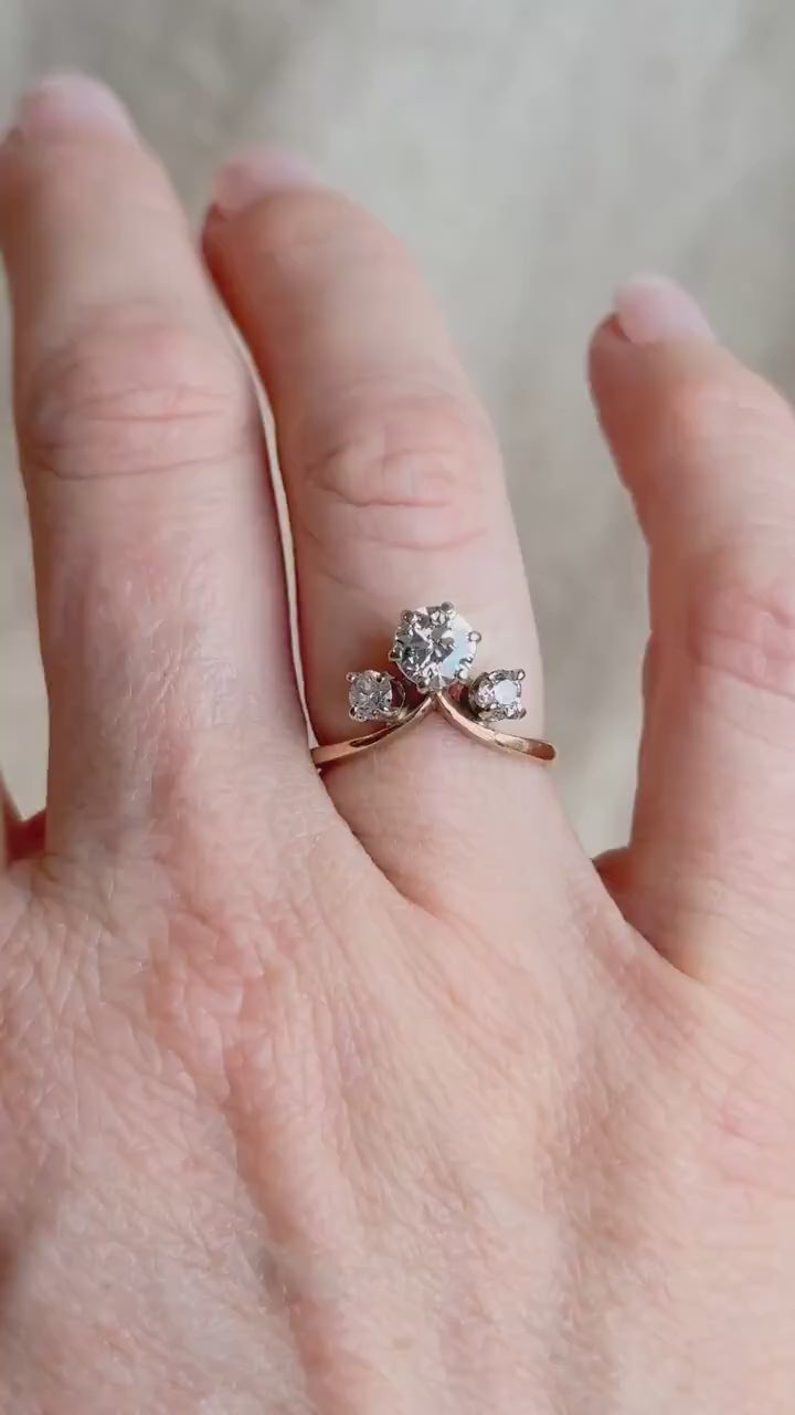 Antique 1920s Three Stone Diamond Engagement Ring, 14k Gold