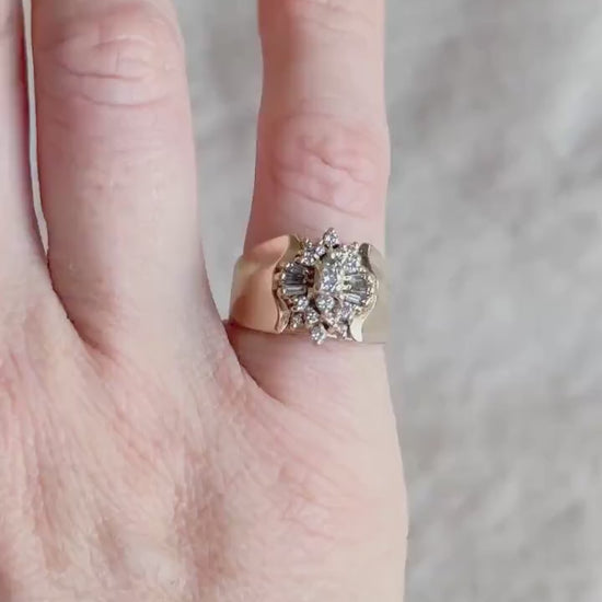 Vintage 1970s Diamond Engagement Ring, 14k Gold, Cluster Sunburst Halo Design • One-of-a-kind Vintage Jewelry