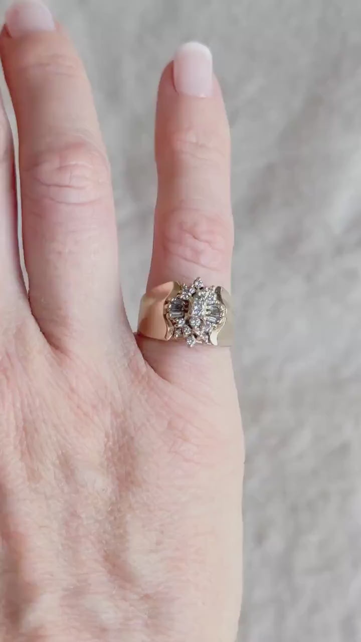 Vintage 1970s Diamond Engagement Ring, 14k Gold, Cluster Sunburst Halo Design • One-of-a-kind Vintage Jewelry