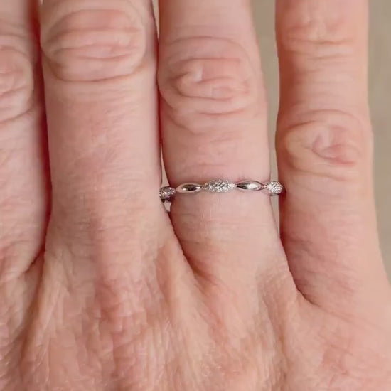 Vintage Diamond Wedding Band, Scalloped Pave Minimalist Ring, Stacking Band