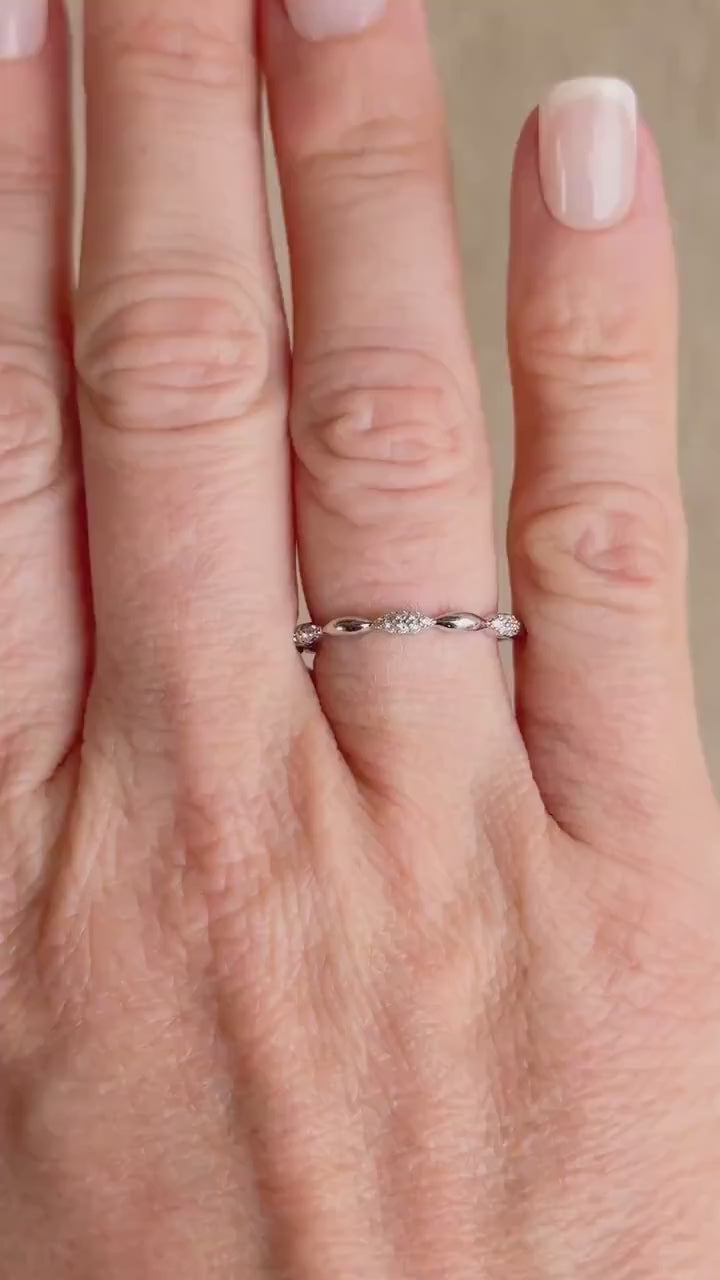 Vintage Diamond Wedding Band, Scalloped Pave Minimalist Ring, Stacking Band