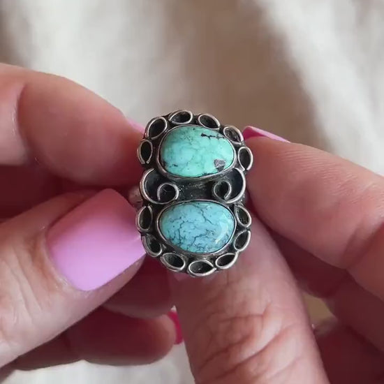 Vintage Turquoise Ring Sterling Silver, Oval Double Bezel, Southwestern Everyday Ring