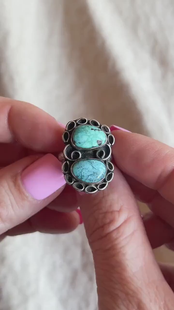 Vintage Turquoise Ring Sterling Silver, Oval Double Bezel, Southwestern Everyday Ring