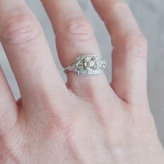 Vintage Diamond Engagement Ring, Old European Cut, 14k White Gold, 1940s Art Deco Setting