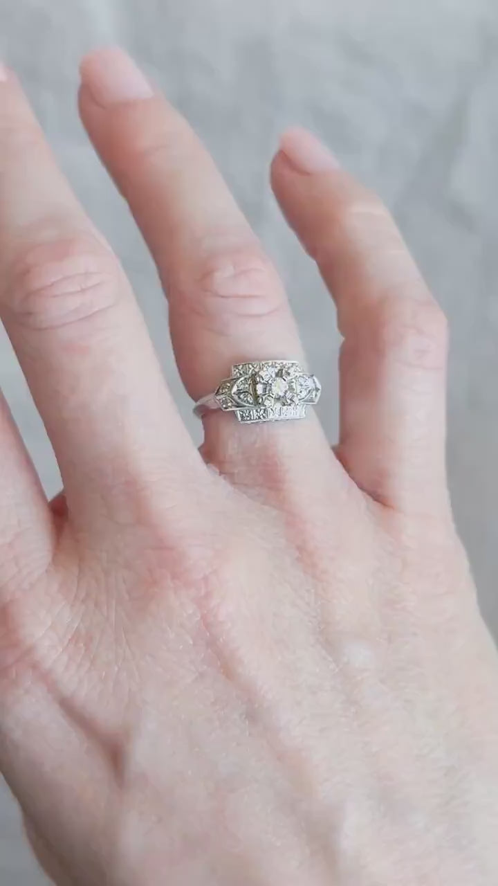 Vintage Diamond Engagement Ring, Old European Cut, 14k White Gold, 1940s Art Deco Setting