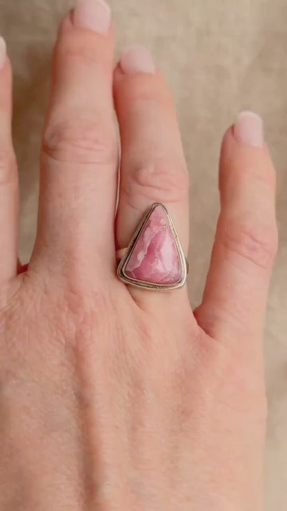 Vintage Rhodochrosite Sterling Silver Ring, Pink Triangle Statement Boho Jewelry