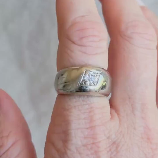 Vintage Mens Old Mine Cut Diamond Wedding Ring in 10k White Gold