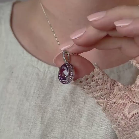 Vintage Amethyst Gemstone Halo Pendant in 14k Gold
