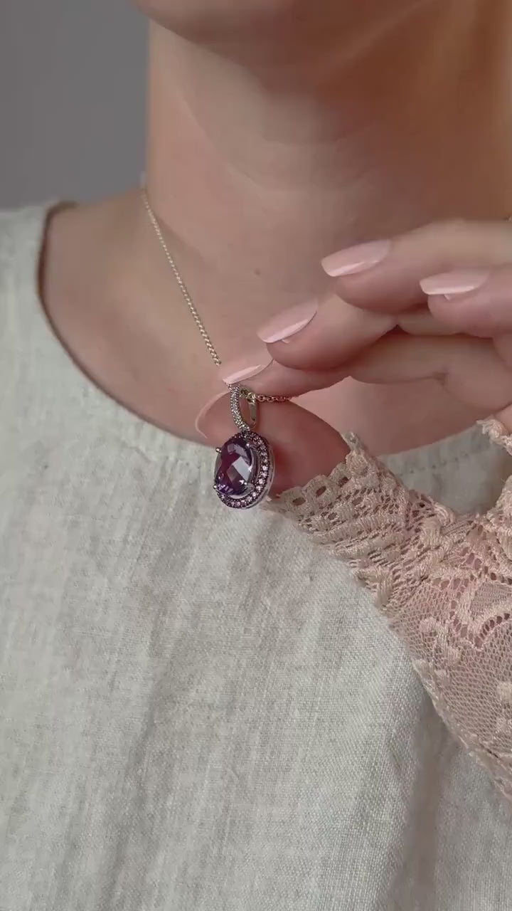 Vintage Amethyst Gemstone Halo Pendant in 14k Gold