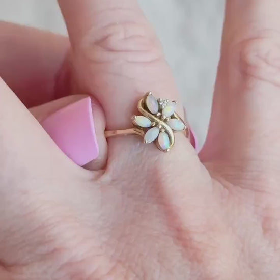 Vintage Opal Flower Ring, 14k Gold, Marquise 1970s Floral Cluster Statement Ring, Gemstone Jewelry