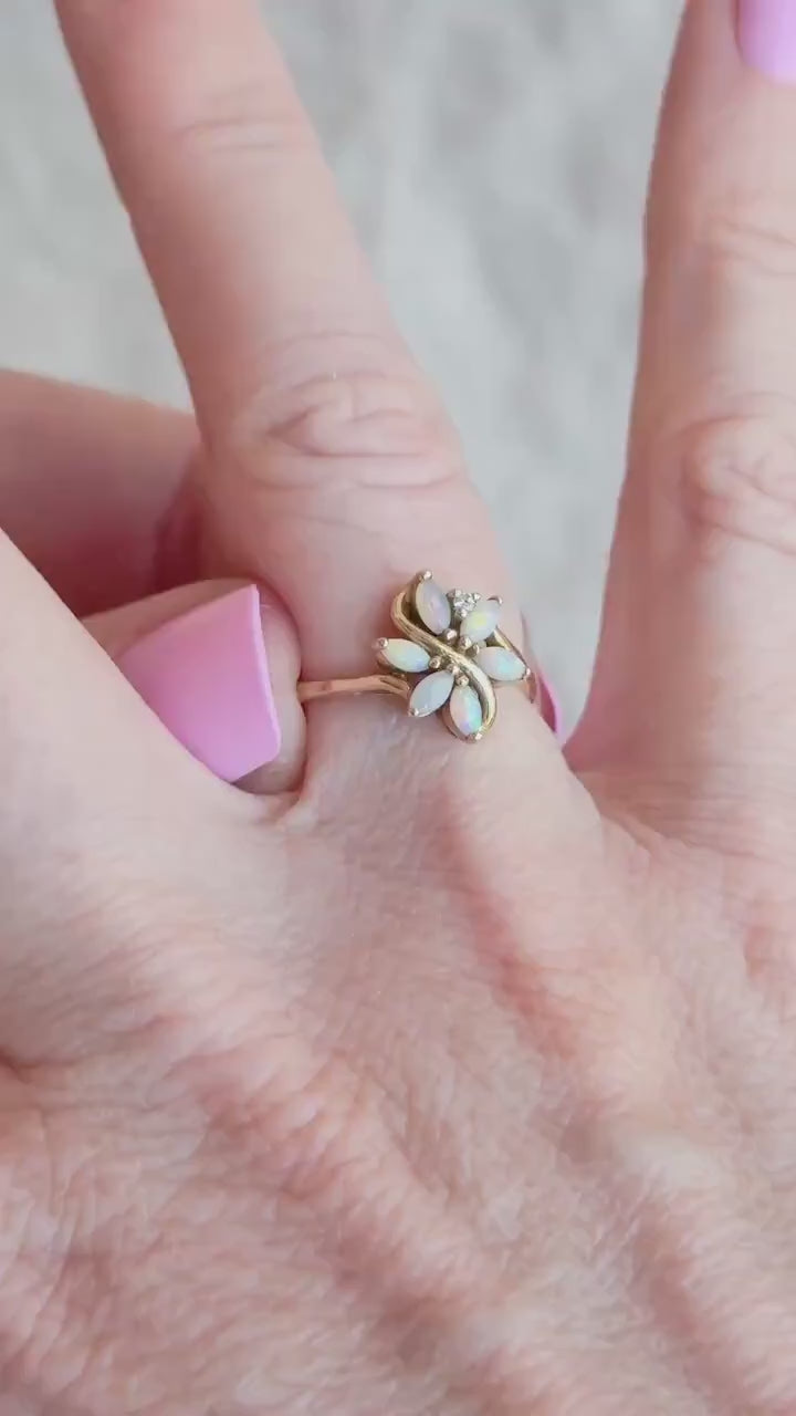 Vintage Opal Flower Ring, 14k Gold, Marquise 1970s Floral Cluster Statement Ring, Gemstone Jewelry