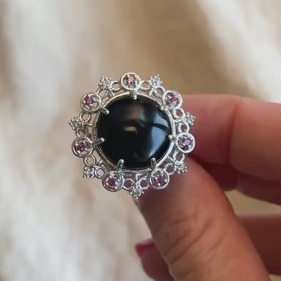 Vintage Sterling Silver Onyx Halo Ring, Boho Statement Jewelry