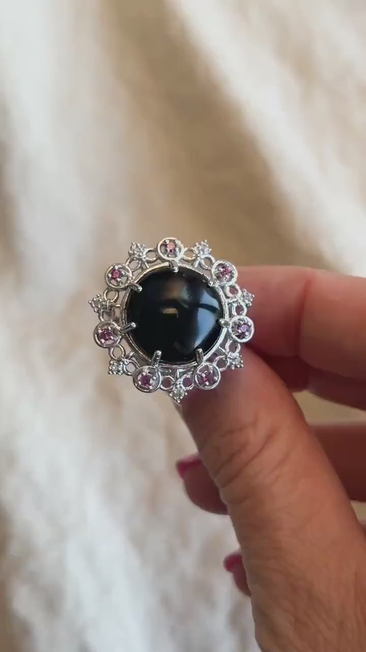 Vintage Sterling Silver Onyx Halo Ring, Boho Statement Jewelry