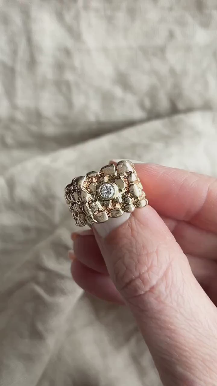 Vintage 1970s Diamond Nugget Style Statement Ring, 14k Gold