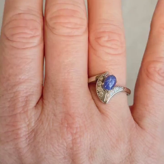 Vintage 1940s Star Sapphire & Diamond Ring, 10k White Gold