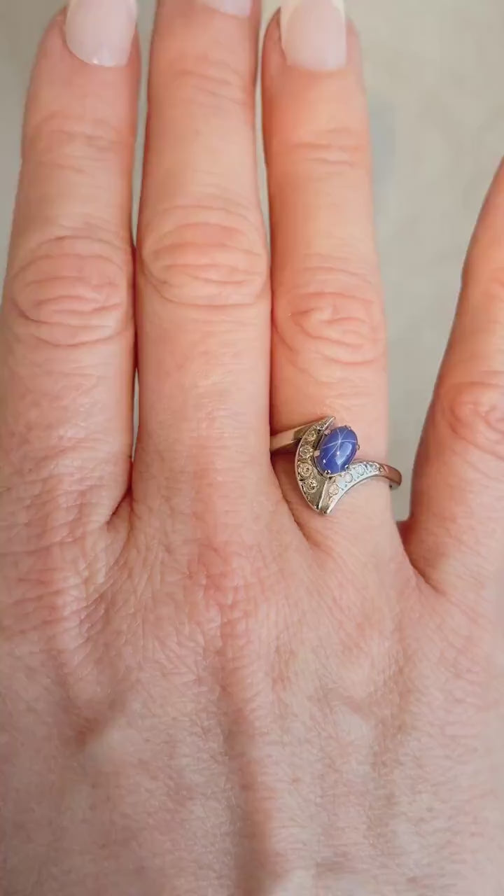 Vintage 1940s Star Sapphire & Diamond Ring, 10k White Gold