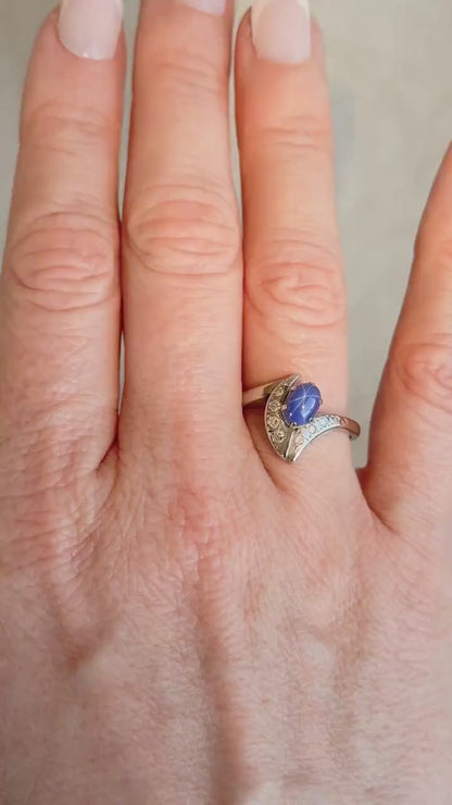 Vintage 1940s Star Sapphire & Diamond Ring, 10k White Gold