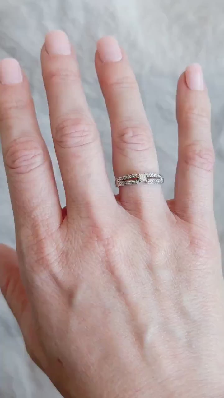 Vintage Princess Cut Diamond Engagement Ring, 10k White Gold, 1990s Split Band