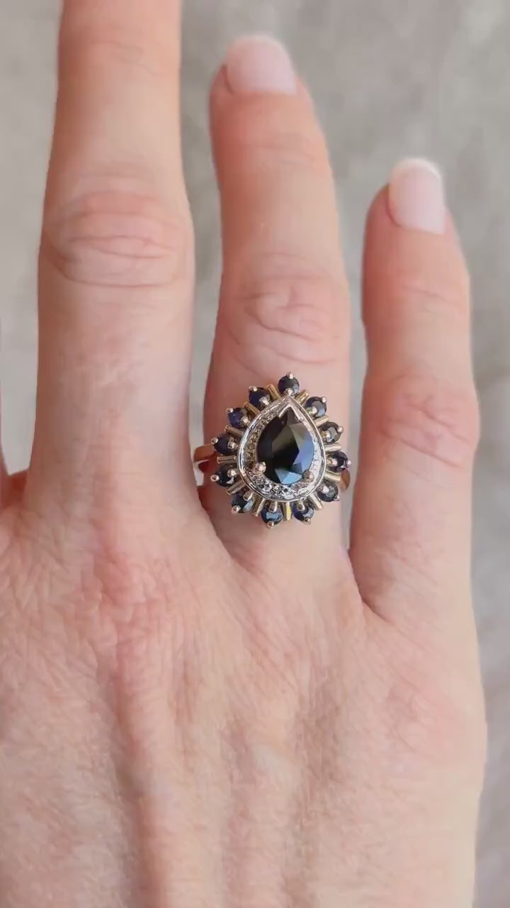 Vintage Pear Cut Sapphire and Diamond Ring in 10k Gold