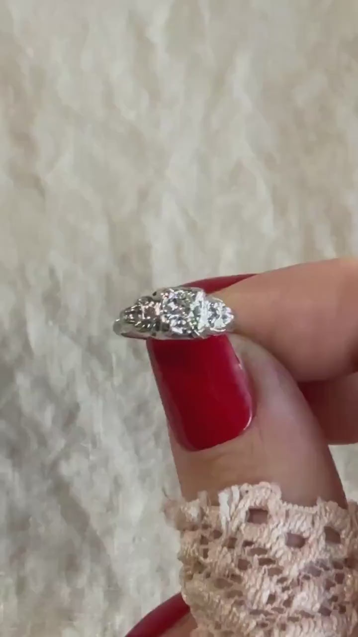 Antique Diamond Engagement Ring, Old Mine Cut, 14k White Gold, 1900s Art Deco Bridal