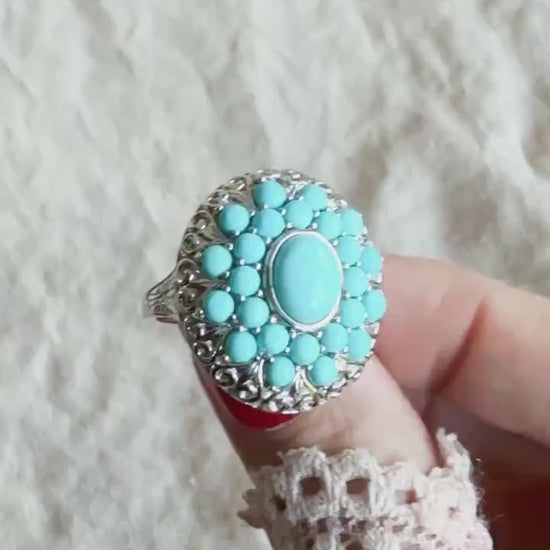 Vintage Turquoise Sterling Silver Cluster Ring, Boho Sunburst Statement Jewelry
