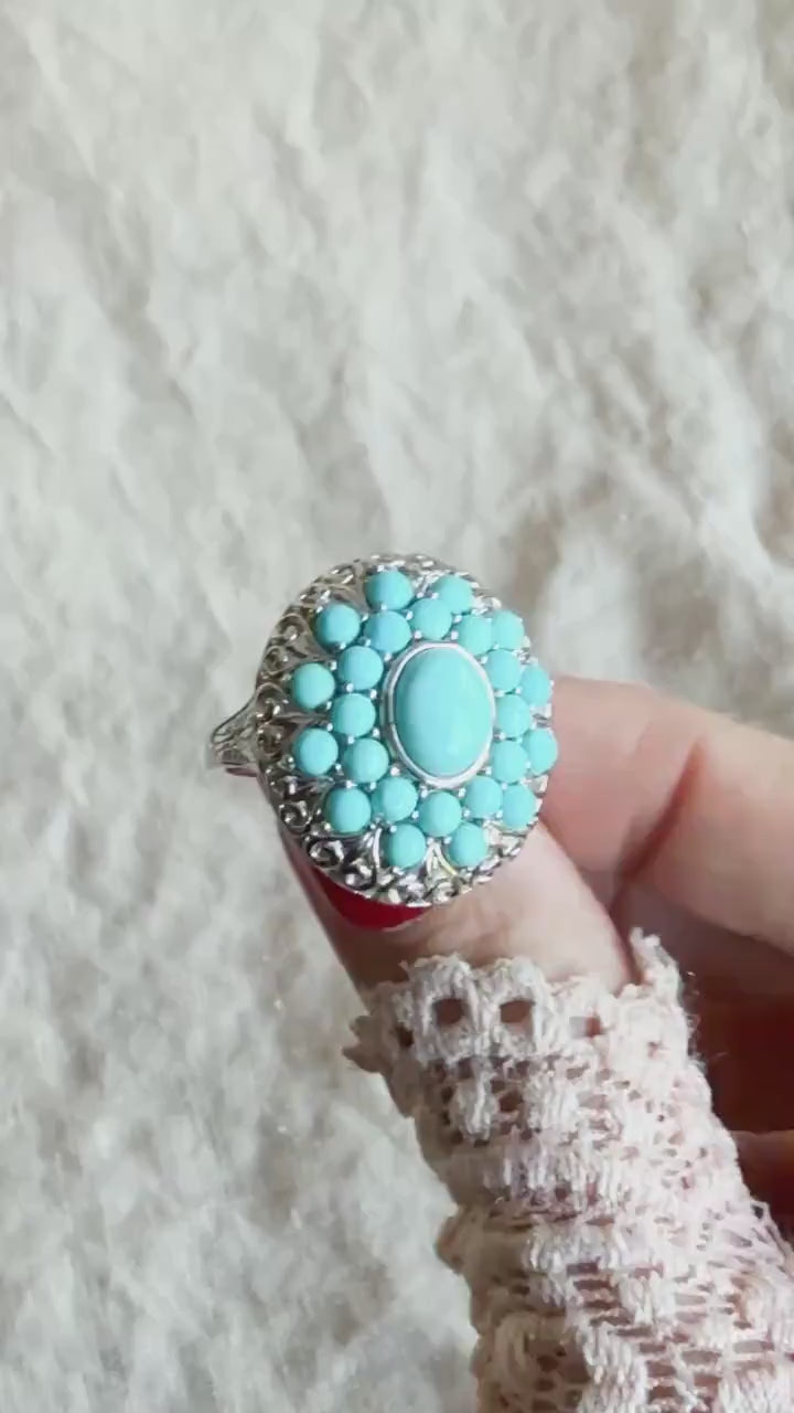 Vintage Turquoise Sterling Silver Cluster Ring, Boho Sunburst Statement Jewelry