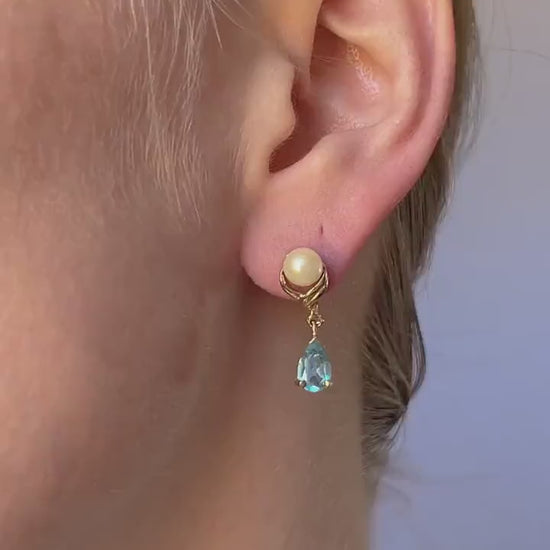 Vintage Blue Topaz and Pearl Dangle Earrings in 14k Gold