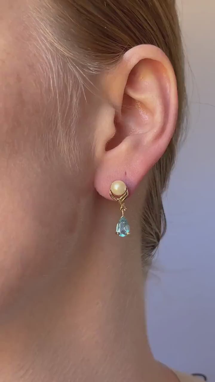 Vintage Blue Topaz and Pearl Dangle Earrings in 14k Gold