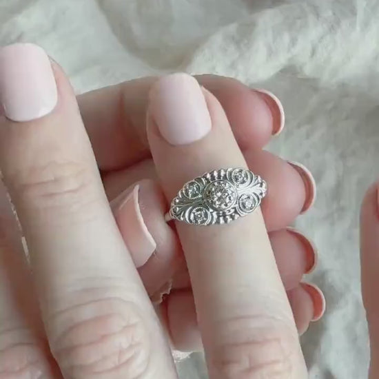 Vintage Diamond Engagement Ring, Round Cut, 14k White Gold, 1950s Art Nouveau Bridal Ring