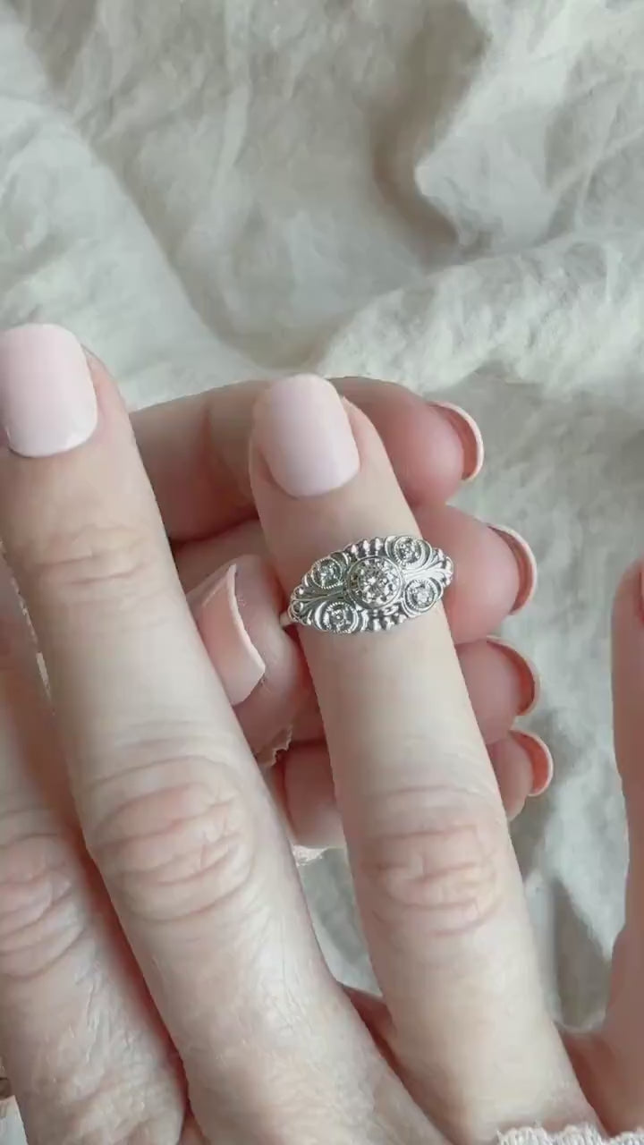 Vintage Diamond Engagement Ring, Round Cut, 14k White Gold, 1950s Art Nouveau Bridal Ring