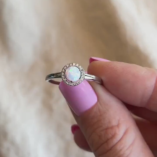 Opal Halo Gemstone Ring in Sterling Silver - Timeless