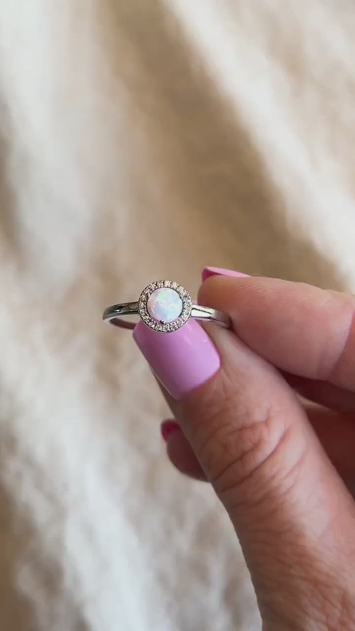 Opal Halo Gemstone Ring in Sterling Silver - Timeless