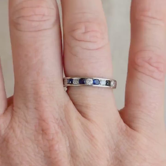 Vintage Diamond and Sapphire Wedding Band, 14k White Gold, Channel Minimalist Ring, Stacking Band