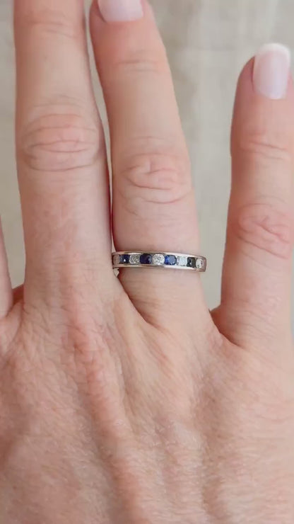Vintage Diamond and Sapphire Wedding Band, 14k White Gold, Channel Minimalist Ring, Stacking Band