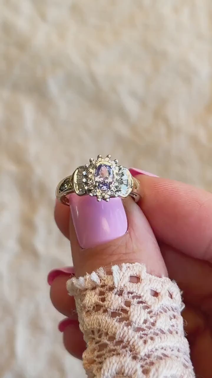 Vintage Tanzanite and Diamond Halo Gemstone Ring in 10k Gold