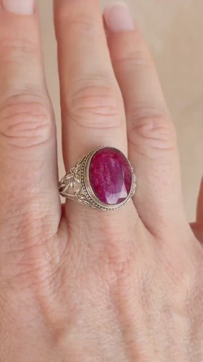 Vintage Sterling Silver Oval Ruby Statement Ring, Boho Floral Filigree Jewelry