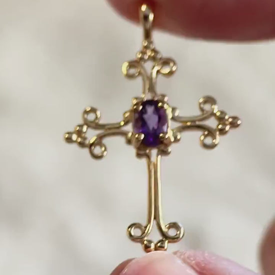 Vintage Amethyst Filigree Cross Pendant in 14k Gold