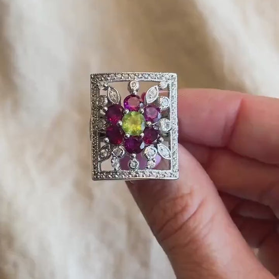 Vintage Floral Sterling Silver Ring, Statement Boho Purple Gemstone Jewelry