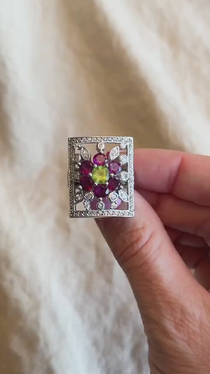 Vintage Floral Sterling Silver Ring, Statement Boho Purple Gemstone Jewelry
