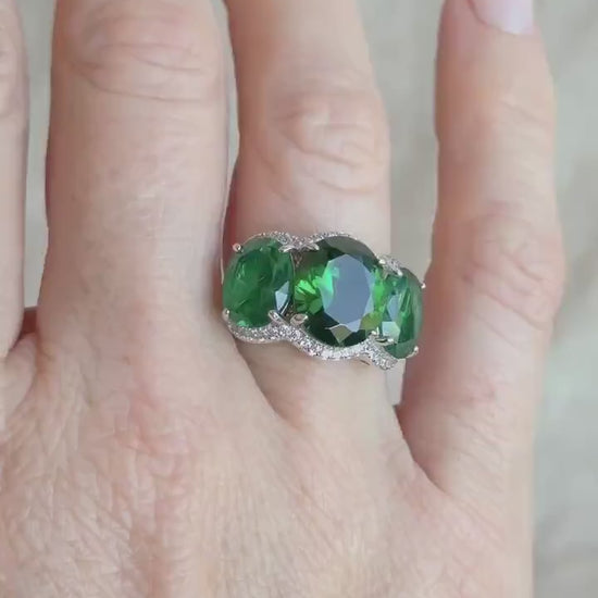 Vintage Three Stone Halo Green Gemstone Ring, Sterling Silver Cocktail Statement Ring