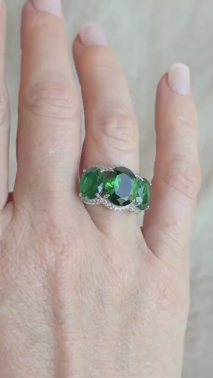 Vintage Three Stone Halo Green Gemstone Ring, Sterling Silver Cocktail Statement Ring