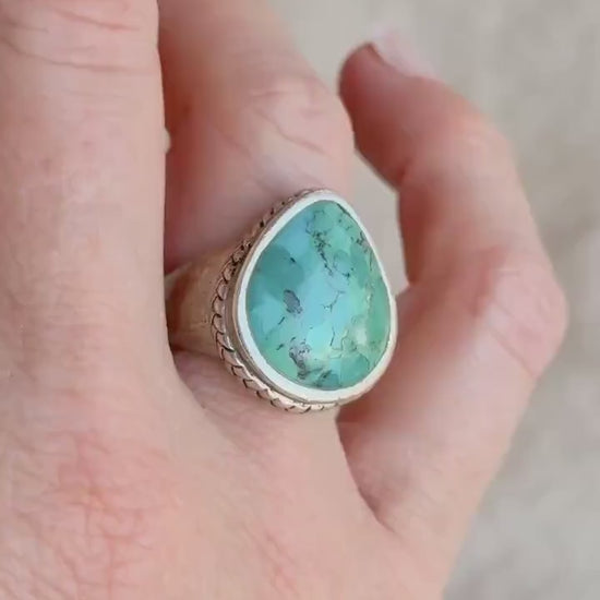 Vintage Turquoise Pear Statement Ring, Sterling Silver Boho Artisan Jewelry