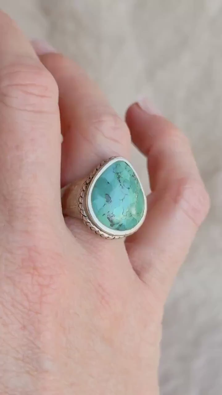 Vintage Turquoise Pear Statement Ring, Sterling Silver Boho Artisan Jewelry