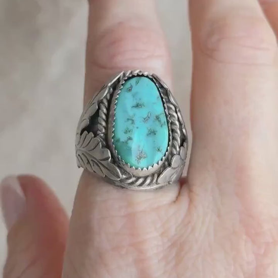 Vintage Sterling Silver Turquoise Statement Ring, Oval Matrix Boho Jewelry