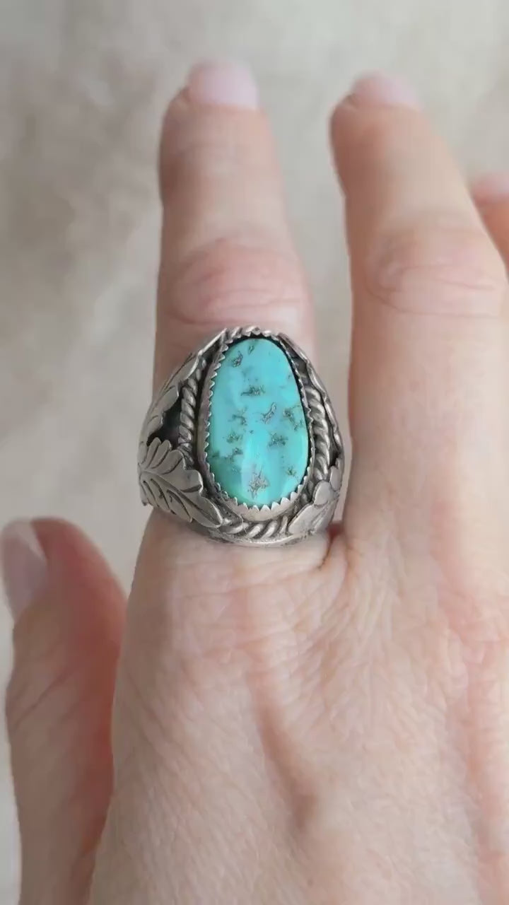 Vintage Sterling Silver Turquoise Statement Ring, Oval Matrix Boho Jewelry