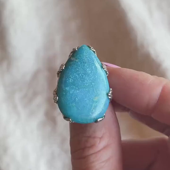 Vintage Chrysocolla Teardrop Ring, Sterling Silver Boho Statement Jewelry