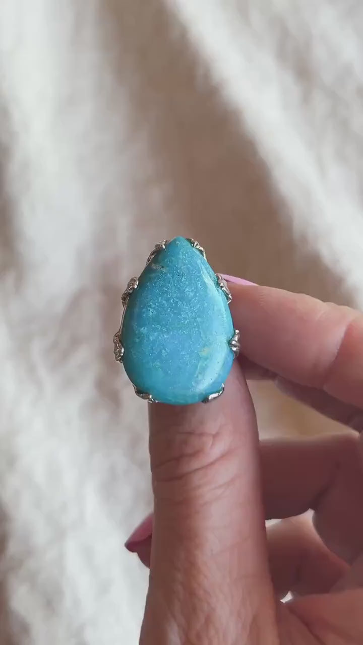 Vintage Chrysocolla Teardrop Ring, Sterling Silver Boho Statement Jewelry