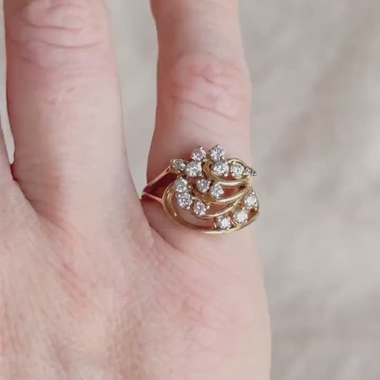 Vintage Diamond Engagement Ring, Round Cut, 14k Gold, 1990s Cluster Wedding Ring